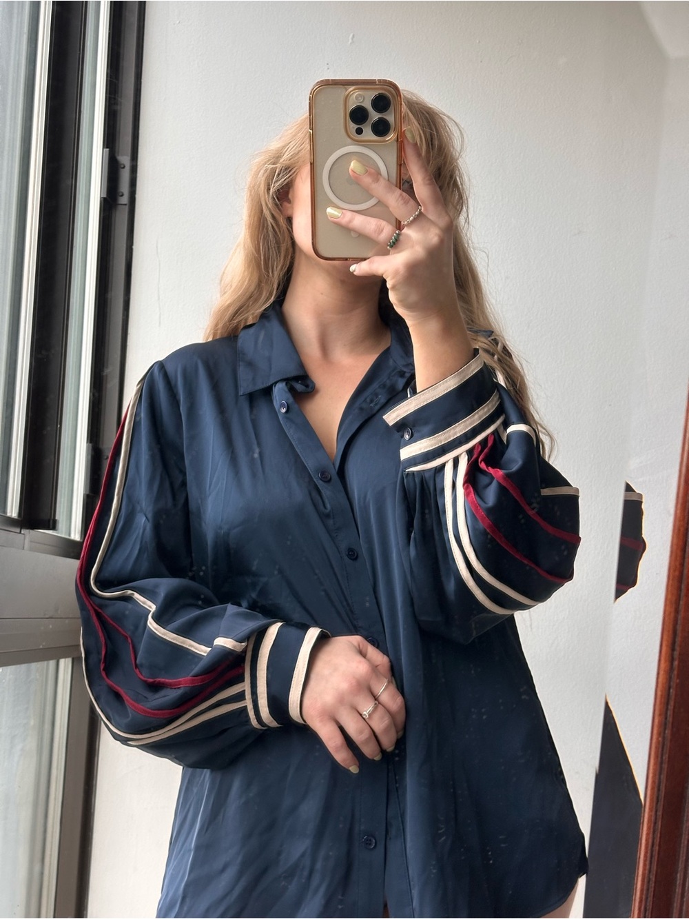 NWOT Anewsta Navy Button-Up Blouse with Striped Balloon Sleeves